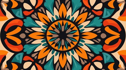 Fototapeta premium A vibrant, symmetrical mandala design featuring bold colors like orange, teal, and black, creating an eye-catching decorative pattern.