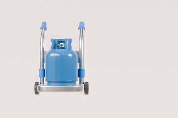 Obraz premium 3d LPG fuel gas tank cylinder on hand truck icon. Gas Delivery Service concept. Kitchen equipment for cooking. Minimal Cartoon Propane LPG small size isolated on transparent background.PNG. 3d render.