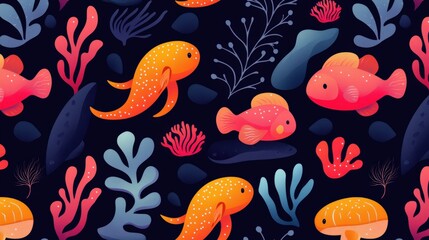A vibrant underwater scene featuring colorful fish swimming among coral and aquatic plants on a dark background.