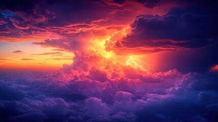 Fototapeta premium Dramatic sunset thunderstorm over clouds.