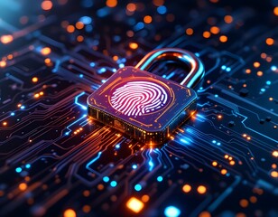 Cybersecurity: Glowing Fingerprint Lock on Circuit Board