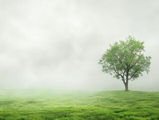 A solitary tree stands in a misty landscape, surrounded by lush green grass and fog.