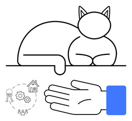 Relaxed cat, open hand, house with key, gears, and people. Ideal for remote work, pet companionship, time management balance productivity community and technology themes. Line metaphor
