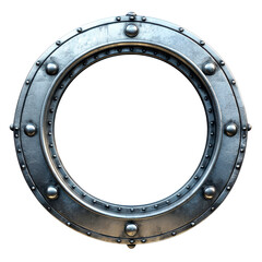 Obraz premium Detailed Metal Porthole Frame with Decorative Rivets and Glossy Finish, Ideal for Nautical Themes and Maritime Decor in Photography or Graphic Design Projects