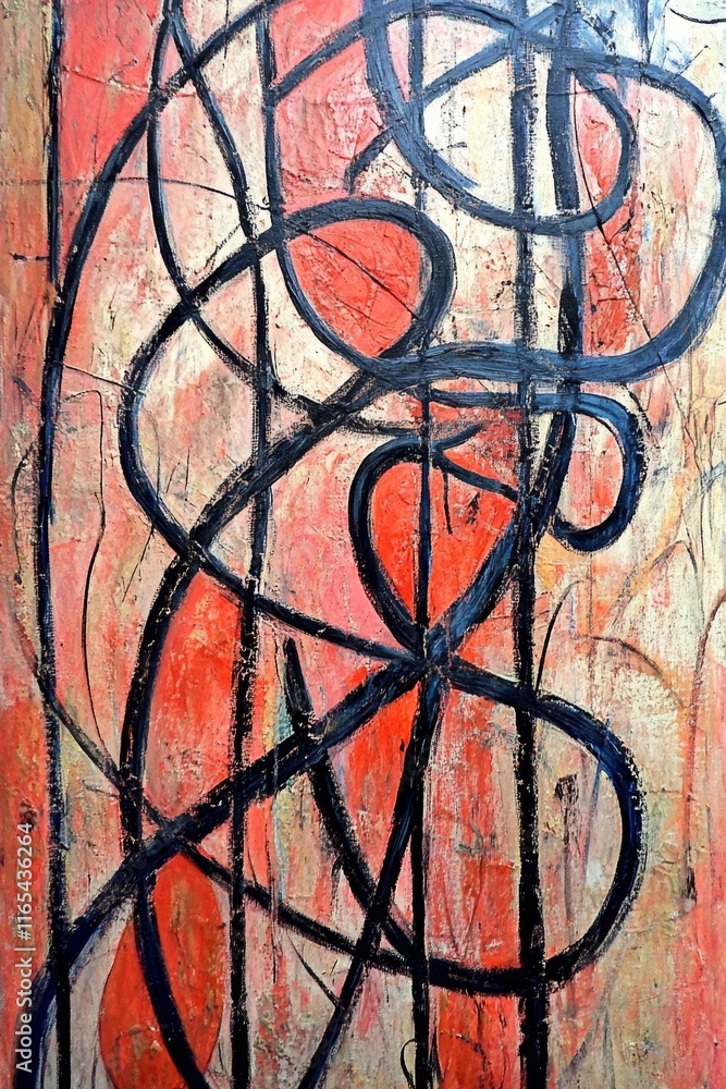 Poster bold abstract expressionism artwork featuring intertwined heart shapes in red and black with sweepin