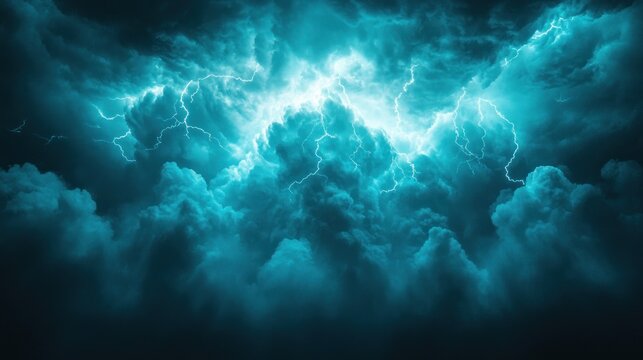 Dramatic teal storm clouds with intense lightning.