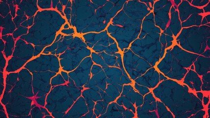Intricate network of red and orange neuron cells on a deep blue background blue