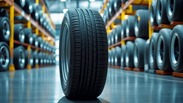 This image features a lone tire in a spacious warehouse. The neatly organized tires create a professional look. Ideal for automotive and logistics themes. Generative AI
