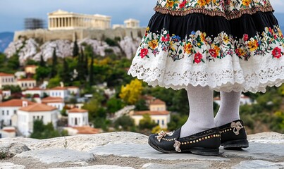 Woman in traditional Greek dress overlooking Acropolis.