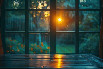 Sunset view through a rustic window pane, casting warm light on a wooden surface.