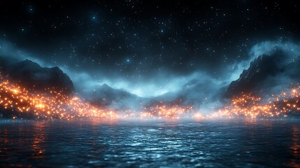 Obraz premium Mystical night scene with glowing embers reflecting on calm water.