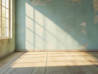 A sunlit, empty room with a textured blue wall and wooden floor, creating a serene atmosphere.
