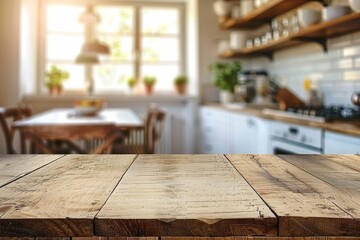 Rustic kitchen with wooden table, bright window, and white cabinets.