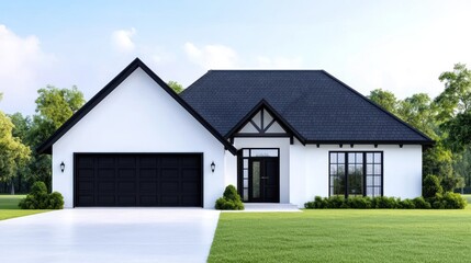 Obraz premium Modern house with a black roof and white exterior in a green setting.