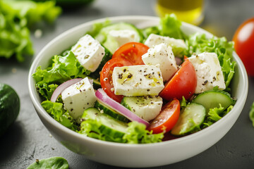 bowl overflowing with fresh vegetables and creamy feta cheese, drizzled with golden olive oil and a sprinkle of black pepper.