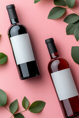 A vibrant arrangement of three wine bottles with blank labels, set against a vibrant pink background.