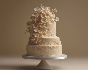 A delicate and charming wedding cake adorned with pastel frosting and a beautiful arrangement of fresh flowers,