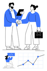 Two professionals shaking hands, one with a document, while a programmer works on code and a graph indicates upward growth. Ideal for teamwork, strategy, success, tech development, partnerships