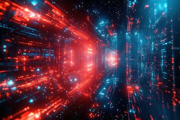 Naklejka premium abstract red and blue background depicts a futuristic smart city structure in space- symbolizing concept of internet of things- wireless network connection- and modern future technology- creating a vi
