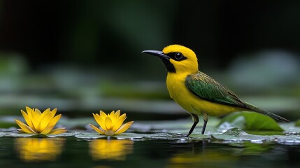 Naklejka premium Yellow bird perched on lily pads near water.