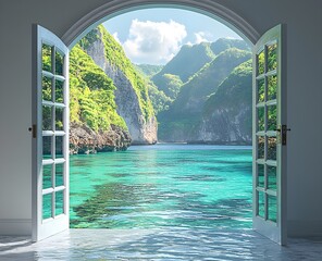 An opened door in a white room leading to a view of a heavenly retreat