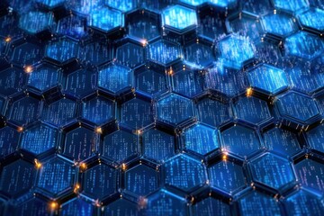Fototapeta premium abstract blue hexagon honeycomb digital technology background features a mesmerizing display of code numbers on a futuristic surface- creating a visually captivating and dynamic representation of adva