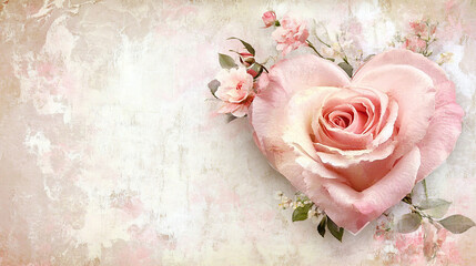 Vintage Pink Rose in Heart Shape on Textured Background