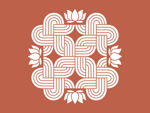 Auspicious Indian Rangoli pattern on the floor in front of the entrance or on the wall. Traditional ornament. Vector illustration or postcard design.