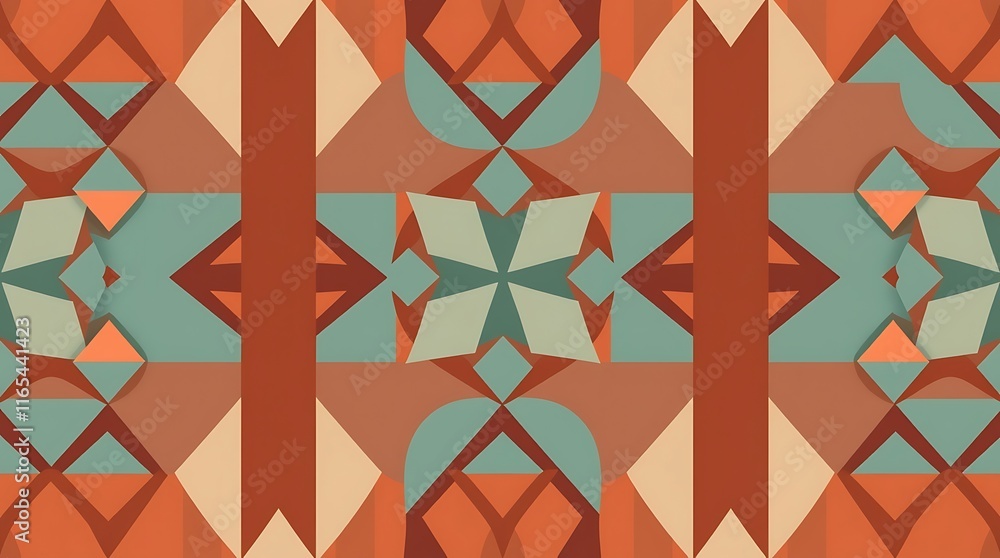 Poster geometric southwest pattern: a vibrant and symmetrical textile design in earthy tones, featuring int