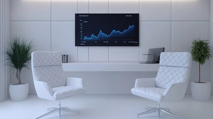 Modern white office space with large display screen for enhanced productivity modern