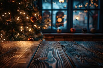 Obraz premium A rustic wooden table sits before a Christmas tree and a softly lit window, evoking a cozy holiday scene.