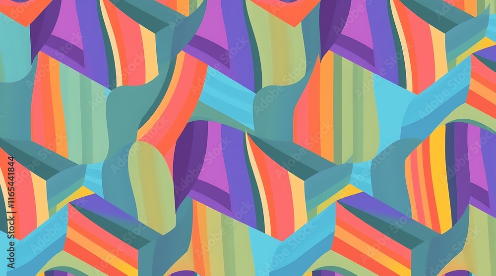 Poster Abstract Geometric Pattern: Vibrant and energetic, this seamless pattern features a mesmerizing mix of bold, colorful stripes and geometric shapes, creating an optical illusion of movement and depth.