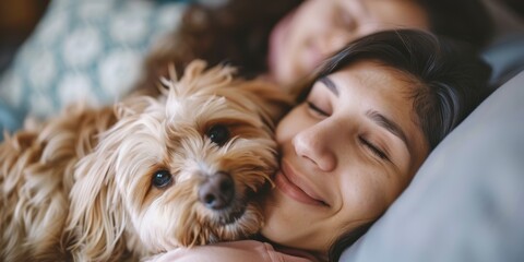 Moments of joy shared between a woman and her dog on a home sofa, capturing affection and relaxation through a selfie, perfect for social media