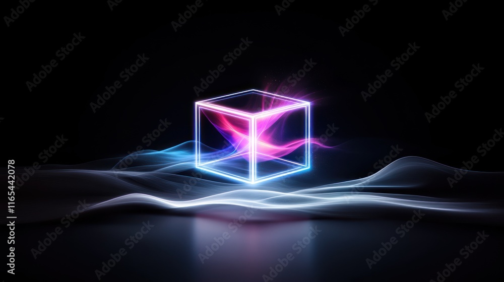 Poster a glowing cube surrounded by colorful light waves in a dark space.