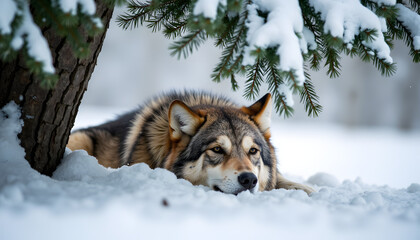 Obraz premium Calm wolf resting in snow under tree, winter serenity