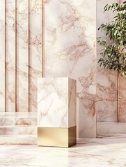 A marble pedestal with a golden base in a luxurious interior setting.