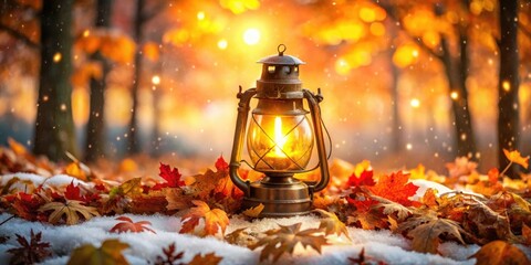 A glowing lantern illuminates a snowy path in a forest, its light casting warm shadows amongst the fallen autumn leaves.
