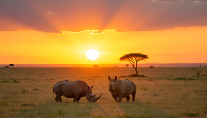 Fototapeta premium Rhinoceroses grazing at sunset in vast grassland, nature's beauty