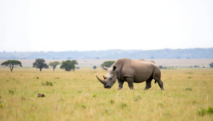 Obraz premium Solitary rhinoceros grazes on African plains, wildlife conservation