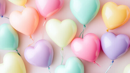 Colorful Pastel Heart Balloons on Light Pink Background