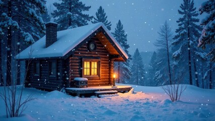 A lovely log cabin situated in the heart of a snowy forest setting