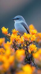 Fototapeta premium Small bird perched on a blooming yellow flower branch.