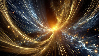 Geburt, Neuanfang und Aufbruch - Konzept: Illustration von einem leuchtenden Zentrum aus strahlender kosmischer Lichtbahnen und Sternennebel