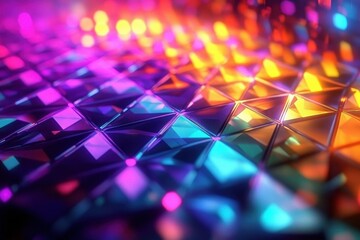 A mesmerizing 3D render of an abstract geometric background- illuminated by vibrant colored lights- creates a captivating and dynamic visual representation of modern technology- evoking a sense of inn