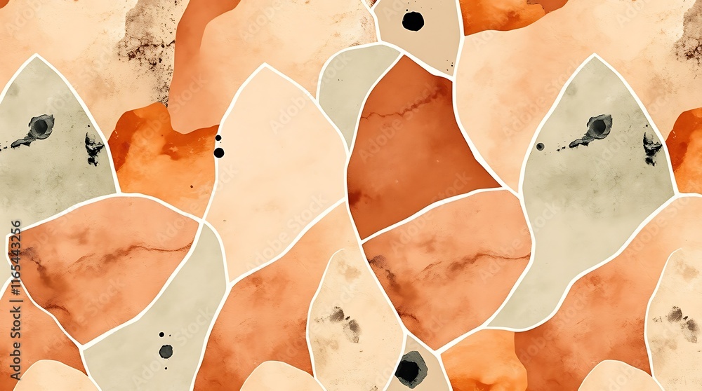 Poster abstract terrazzo tile pattern: organic and geometric shapes in warm tones create a captivating seam