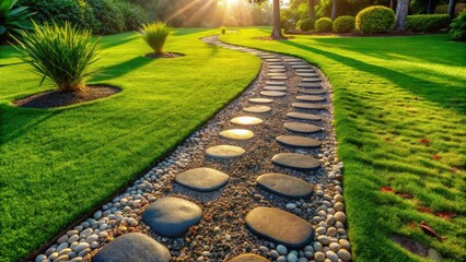 A winding stone path through a lush green lawn bathed in the warm glow of the setting sun.