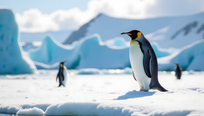Naklejka premium Majestic emperor penguin standing on ice in Antarctica, wildlife conservation