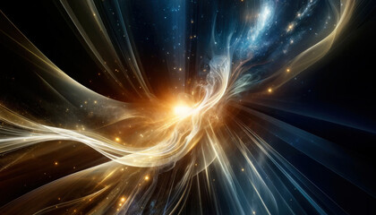 Strahlender Neuanfang - Neujahrskonzept: Von einem Zentrum aus strahlende kosmische Lichtströme in Gold und Blau
