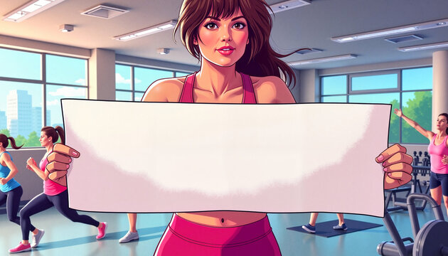 Woman holding blank banner in gym