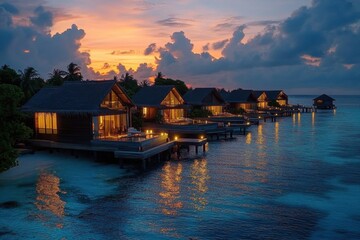 Fototapeta premium At break of dawn on a sunny day in Maldives- a wide-angle view captures breathtaking panorama of luxury resort villas lining pier- their soft LED lights illuminating seascape against a backdrop of a